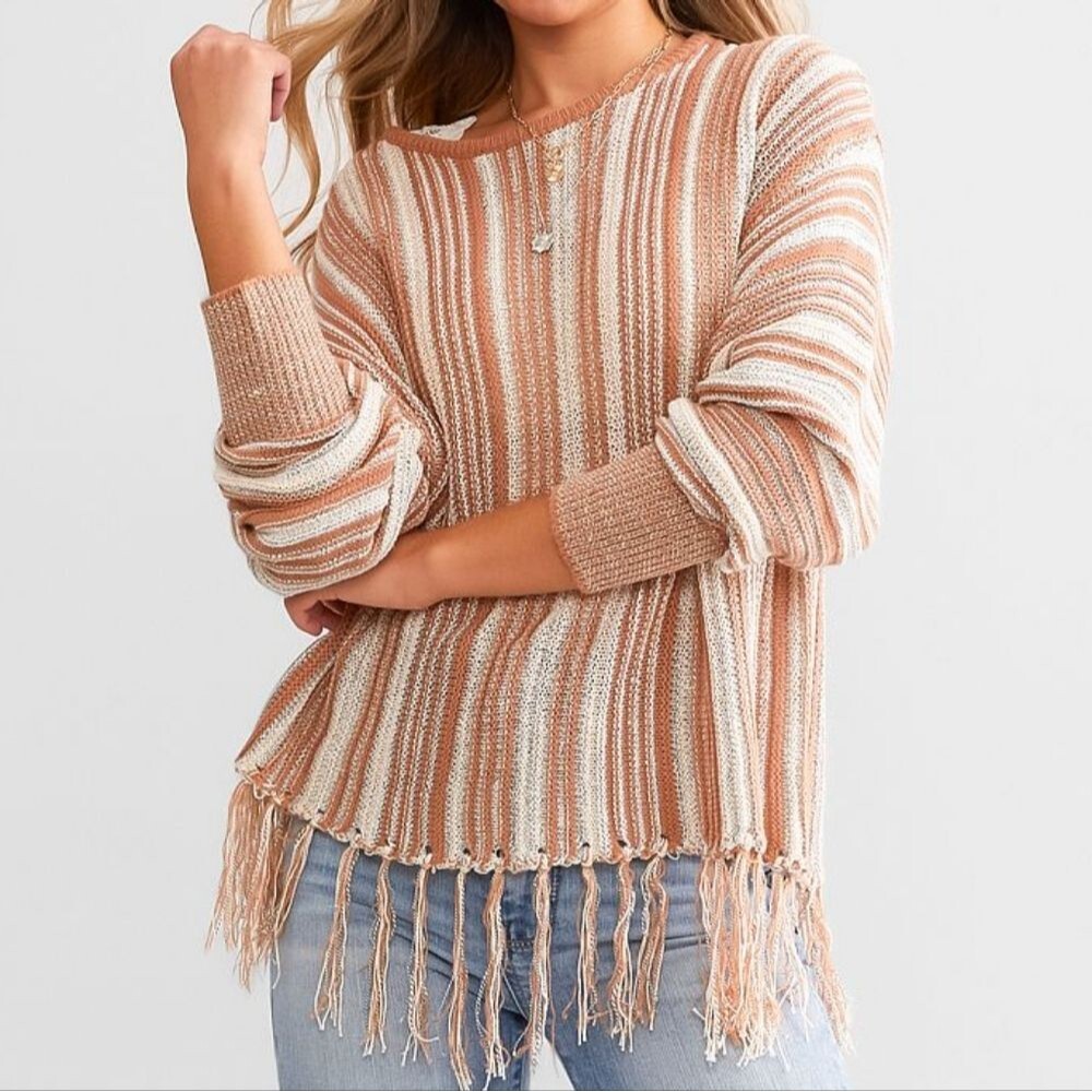 BKE Slouchy Striped Sweater, white/rust, knit, fringe, size M